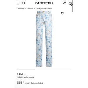 New Women's Etro Straight-Leg Jeans Size 30 Blue Paisley Print